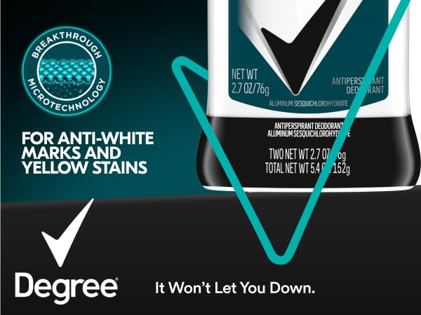 Bottom half of stick deodorant tube and dark Degree logo against a white and dark background.
