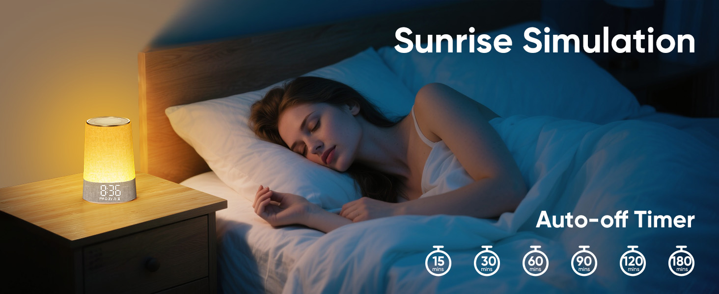 Text reads 'Sunrise Simulation' and 'Auto-off Timer'. Images show bedroom scenes with warm lighting effects and time indicators displayed as circular icons.