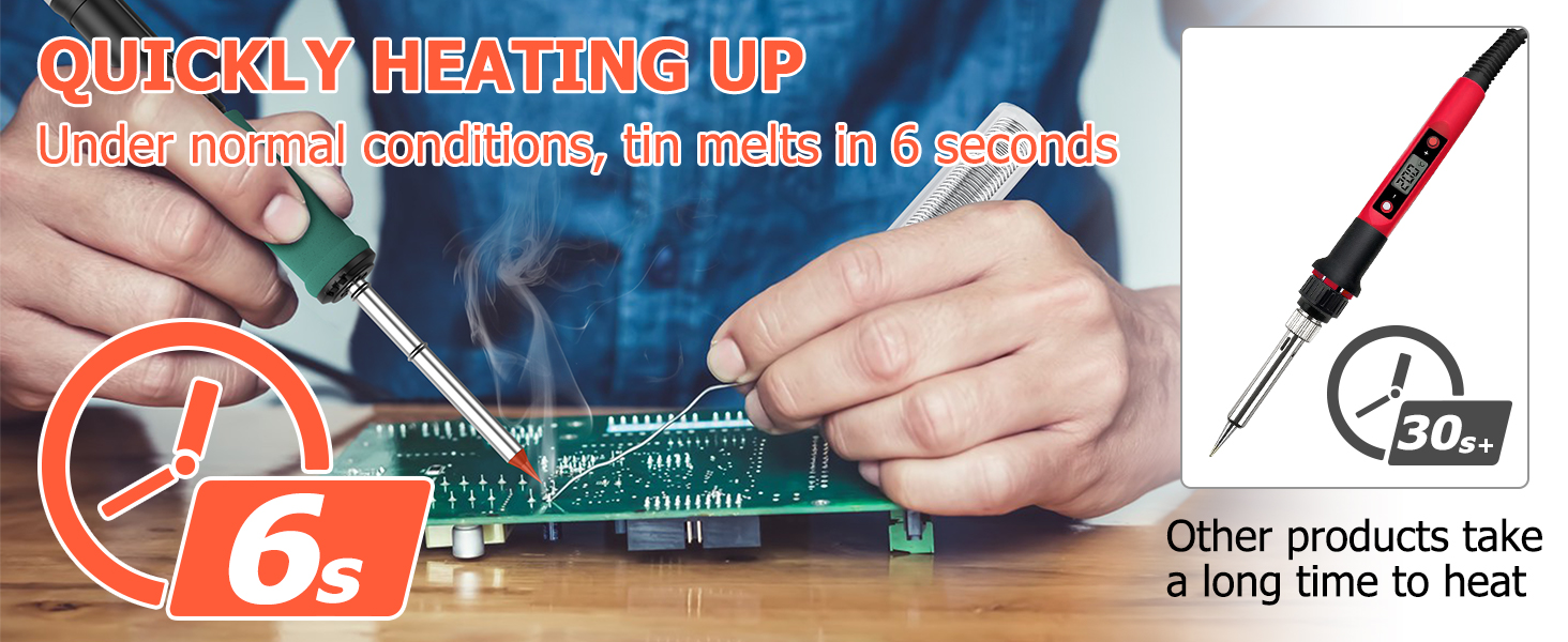 Soldering iron quickly heating up in 6 seconds, demonstrated on a circuit board. Comparison shows other products take 30 seconds to heat.
