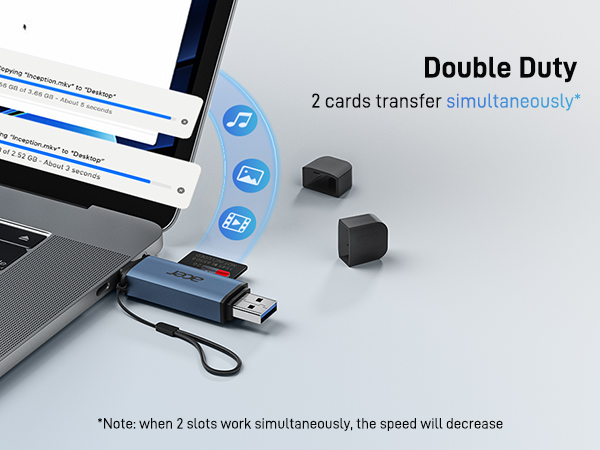 Text reads 'Double Duty' and '2 cards transfer simultaneously*'. Product demonstration showing multiple USB card readers connected to electronic devices. *Note about speed decrease shown at bottom.