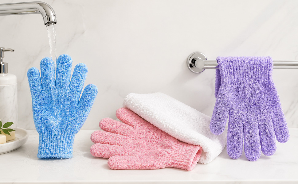 ATB exfoliating gloves being rinsed squeezed and air dried after shower use
