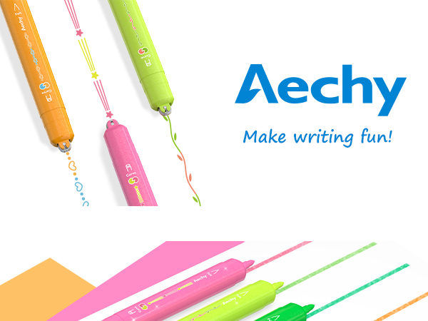 Text reads 'Aechy' and 'Make writing fun!'. Collection of colorful highlighter pens in various bright colors with dynamic swoosh patterns.