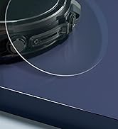 Close-up of a black smartwatch or fitness tracker with a round face and side buttons, positioned on a curved transparent surface over a dark blue background.