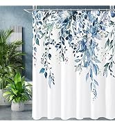 Gibelle Blue Eucalyptus Shower Curtain, Watercolor Plant Leaves with Floral Bathroom Shower Curta...