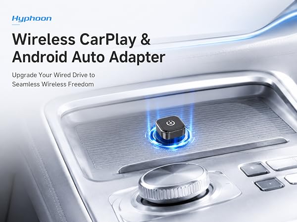 Wireless CarPlay and Android Auto adapter on a modern car console.