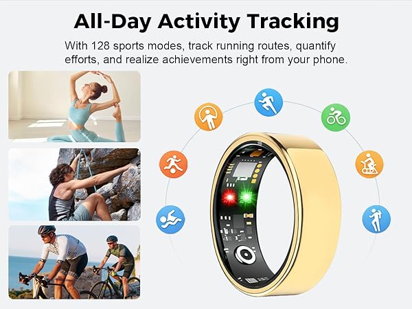 The fitness ring tracks workouts, running routes, 128 sports modes and daily activity insights.