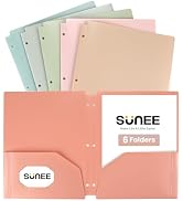 SUNEE 3 Hole Pocket Folders (6 Pack, Vintage Colors), Plastic Pocket Folders for 3 Ring Binder, 3...