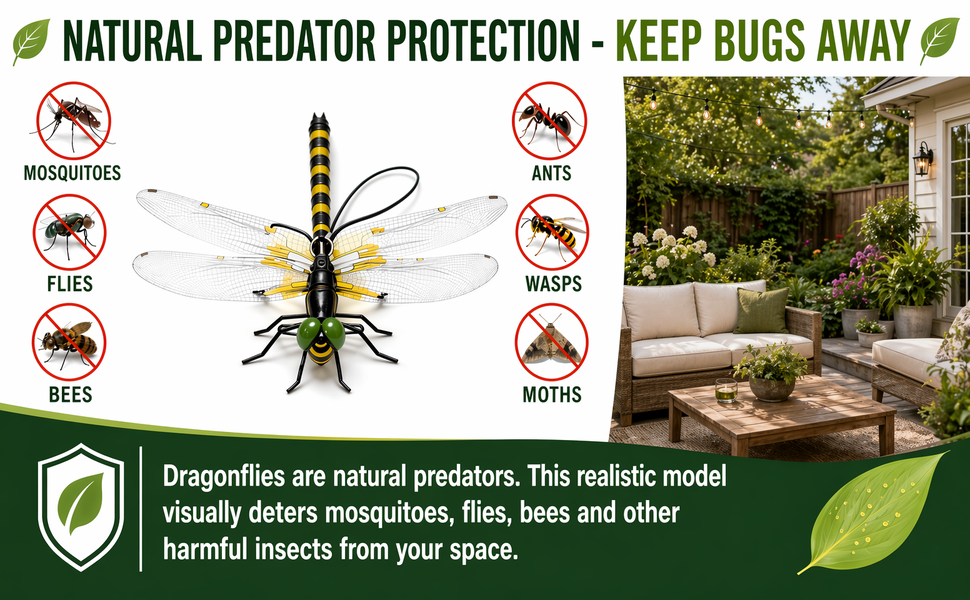 Natural predator protection chart showing dragonfly repelling mosquitoes flies wasps bees