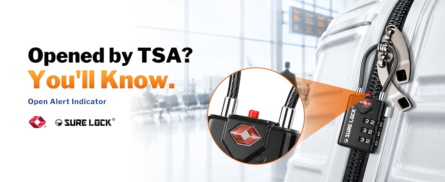 SureLock TSA luggage lock with red open alert indicator after TSA inspection