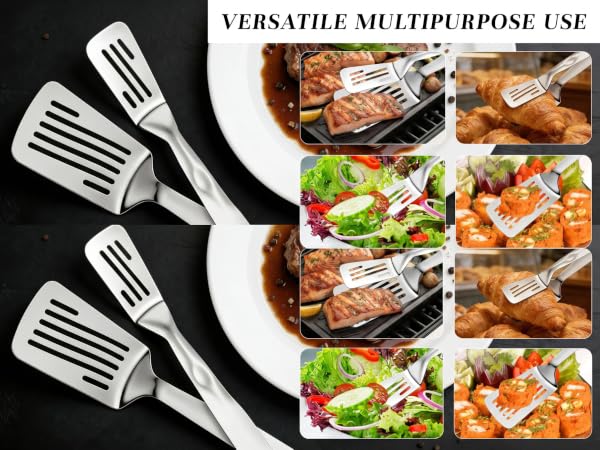 Multi-purpose use of the tongs for different types of food and cooking styles.