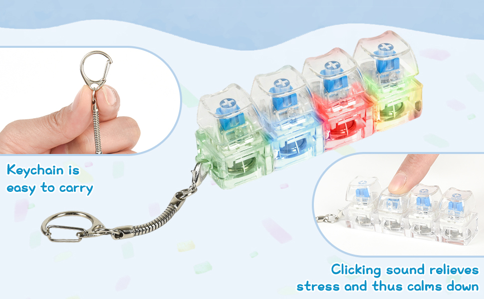 Colorful cube-shaped keychain fidget toy with multiple transparent sections. Features a metal chain and carabiner clip. Demonstrates portability and stress-relief functionality through text and visuals.