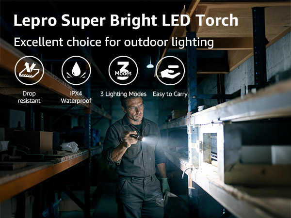 Text reads 'Lepro Super Bright LED Torch' 'Excellent choice for outdoor lighting' with product features showing water resistance, zoom function, and battery life icons.