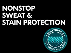 Text: Nonstop sweat & stain protection against a black background with logo.