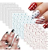 12 Sheets White Blue Red Star Nail Art Stickers 3D Self Adhesive 4th of July Nail Stickers for Na...