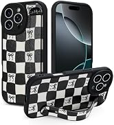 Jefonha Compatible with iPhone 16 Pro Max Case with Strap, Classic Checkered Checkerboard Bow Pho...