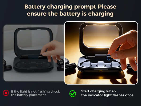 Text reads 'Battery charging prompt Please ensure the battery is charging'. Instructional diagram showing battery charging indicators with red X and green check marks.