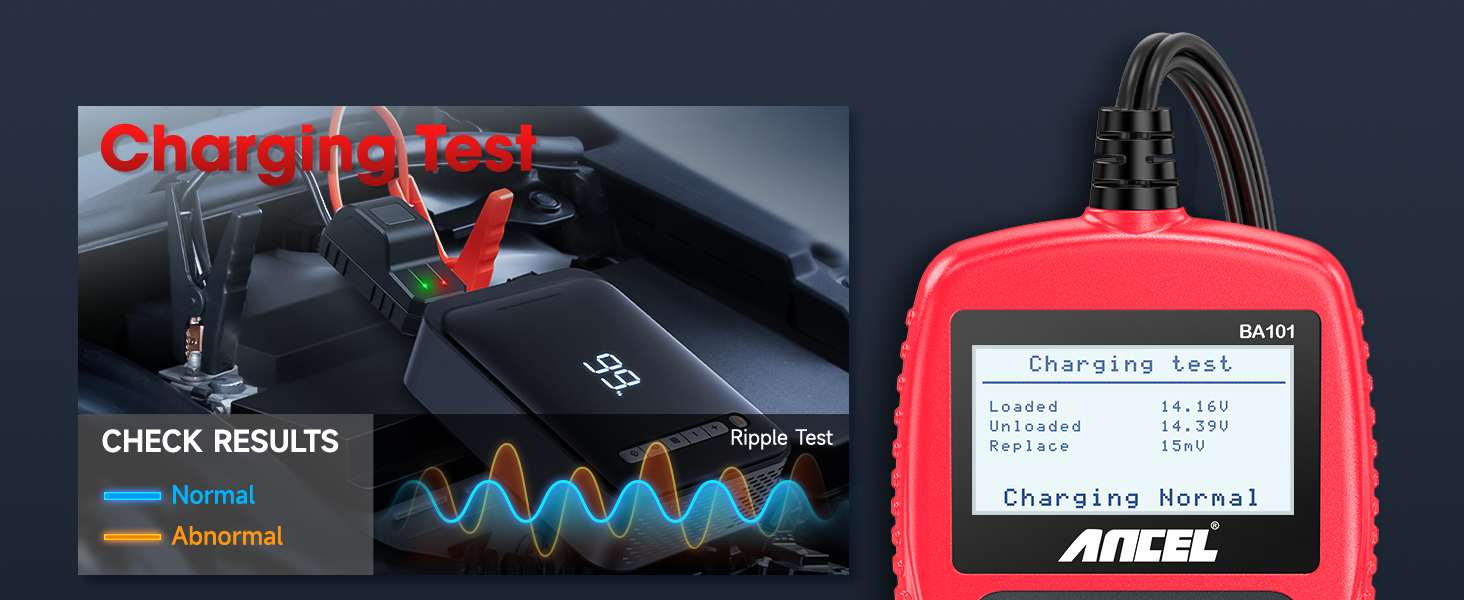 Charging test displaying charging voltage, ripple test results, and normal or abnormal status