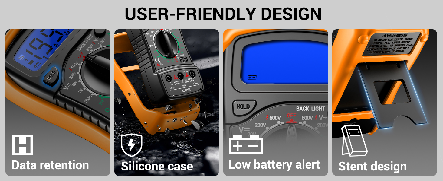 Multimeter user-friendly design: data hold,silicone case,low battery alert