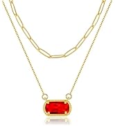 Lourny Gemstone Birthstone Pendant Layered Necklace for Women Trendy, 18K Gold Plated Paperclip C...