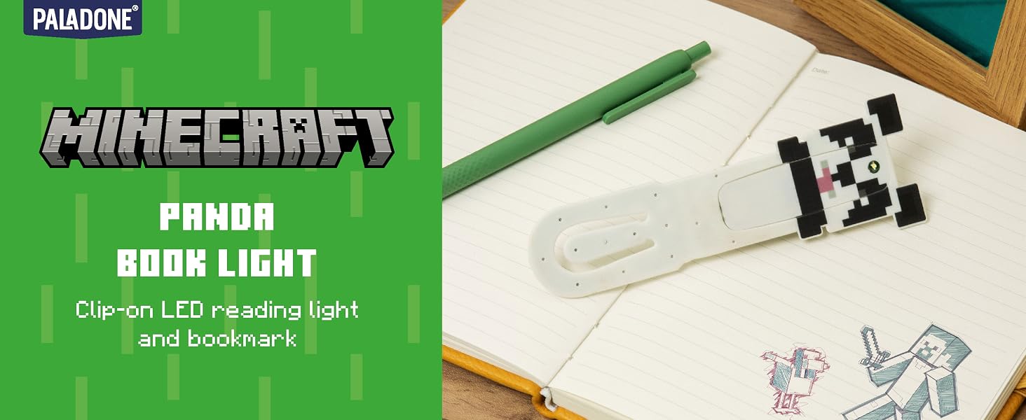 Paladone Minecraft Panda Clip-On LED Reading Light & Bookmark, Officially Licensed Gifts for Gamers