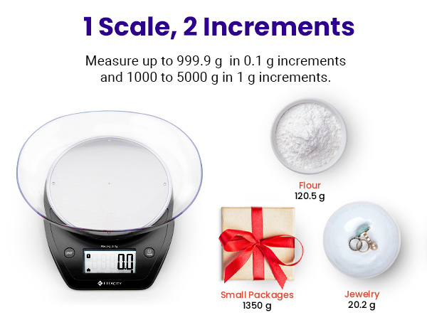 Can measure up to 999.9 g in 0.1 g increments and 1000 to 5000 g in 1 g increments