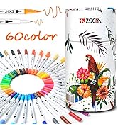 ZSCM Duo Tip Brush Markers, 60 Colors Adult Coloring Books Drawing Colored Pens Fine Point Water ...