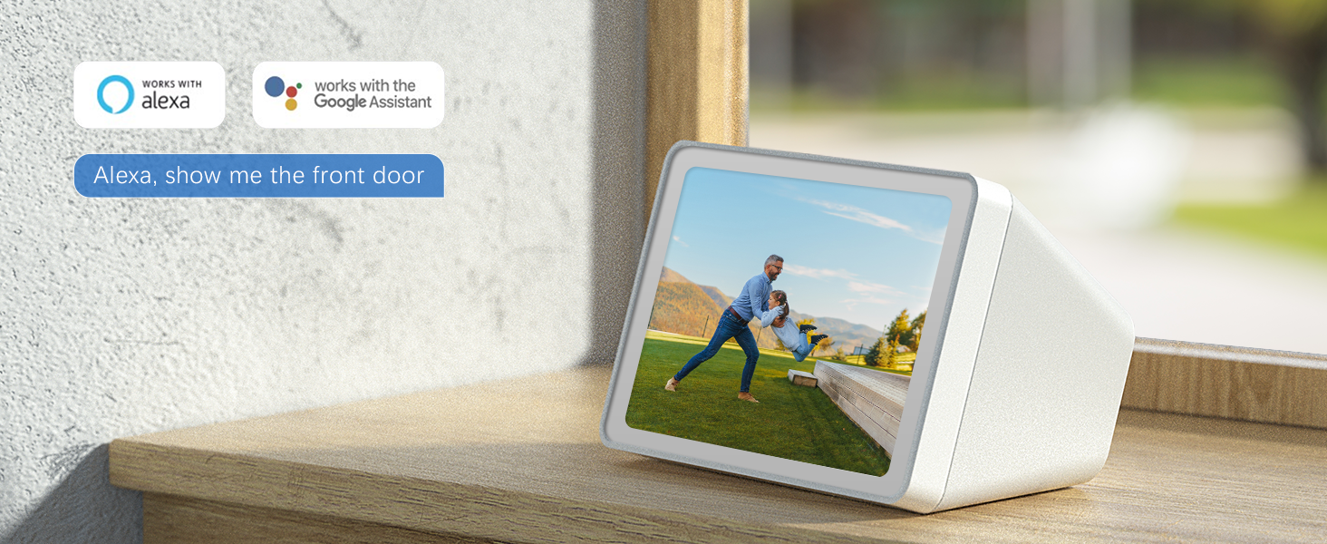 Smart display device with integrated stand showing video feed interface and Google Assistant compatibility.
