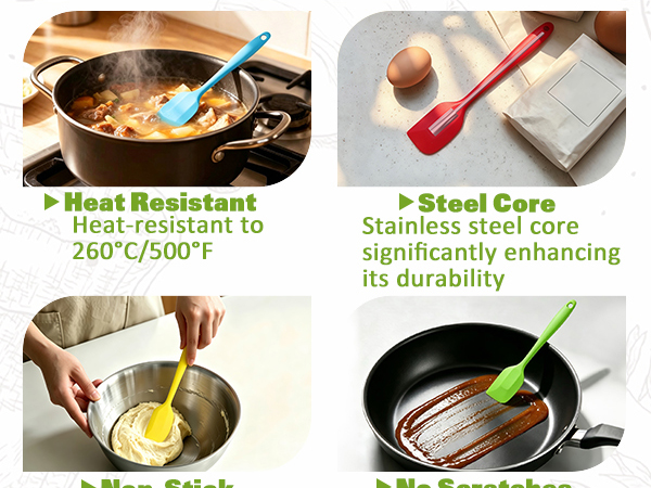 heat resistant, steel core, nonstick, no scratches
