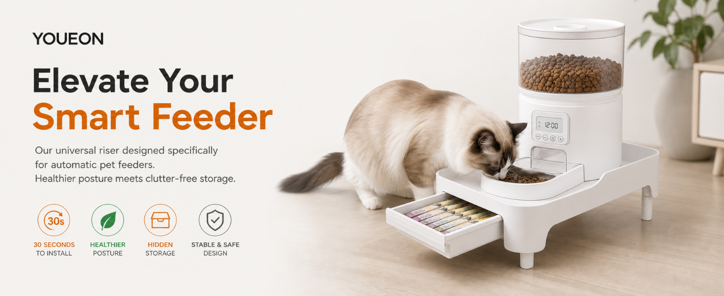 Universal elevated stand with storage drawer for automatic cat feeder and water fountain