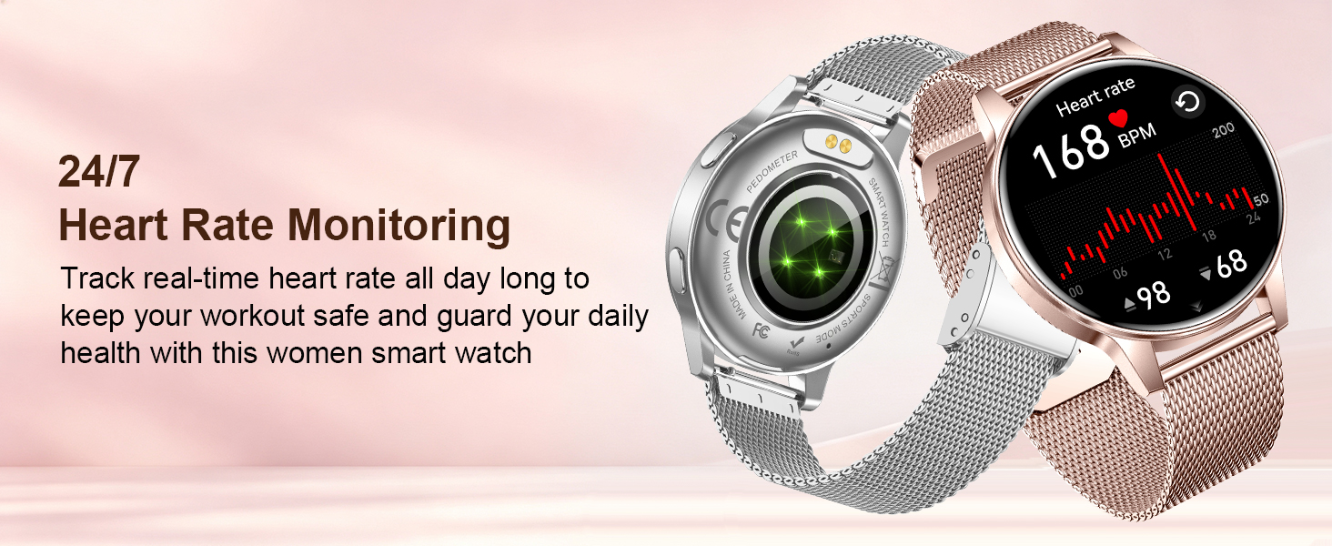Text reads '24/7 Heart Rate Monitoring' and 'Track systolic heart rate all day long to maintain your fitness goals and keep your health with the remote send mode'. Two smartwatches displayed showing fitness tracking interface.