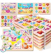 SYNARRY Wooden Puzzles for Toddlers 1-3, 6XSET Toddlers Puzzles Ages 1-3 with Rack, Learning Alph...
