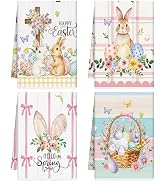 VISSTREE Easter Kitchen Towels Set of 4, Watercolor Bunny Egg Kitchen Dish Towels, Microfiber Rab...