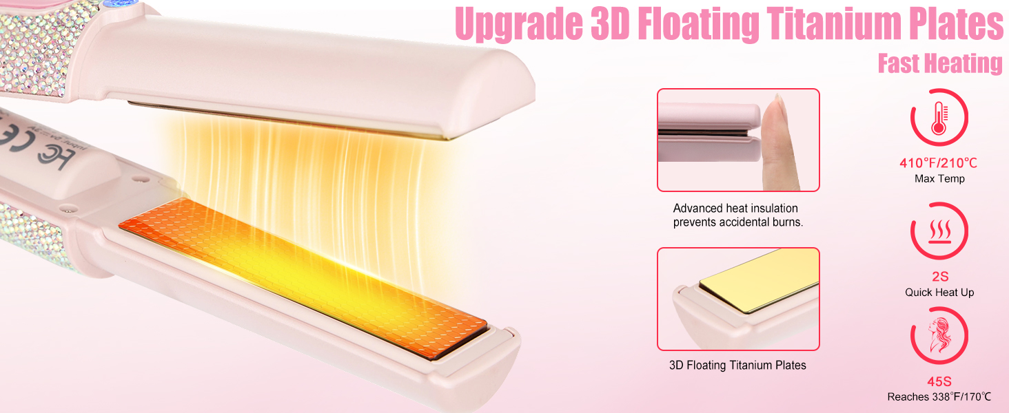 Text: 'Upgrade 3D Floating Titanium Plates' with product diagram showing pink and gold styling iron plates with arrows indicating heat distribution and floating plate movement.
