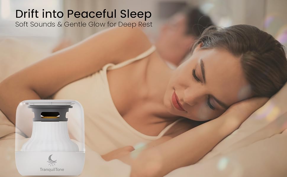 Woman resting peacefully with TranquilTone white noise machine beside her.