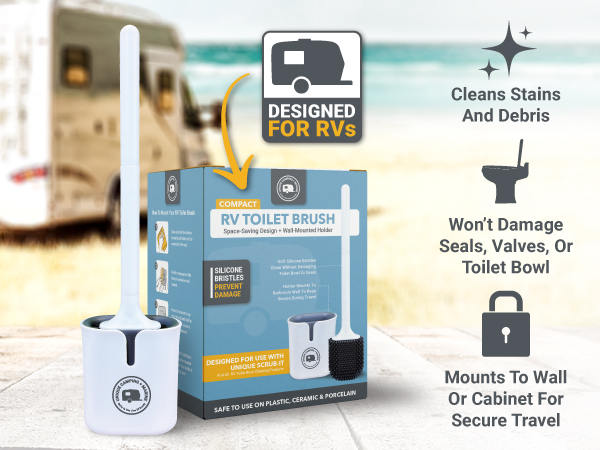 compact RV toilet brush with silicone bristles in front of RV on the beach features listed