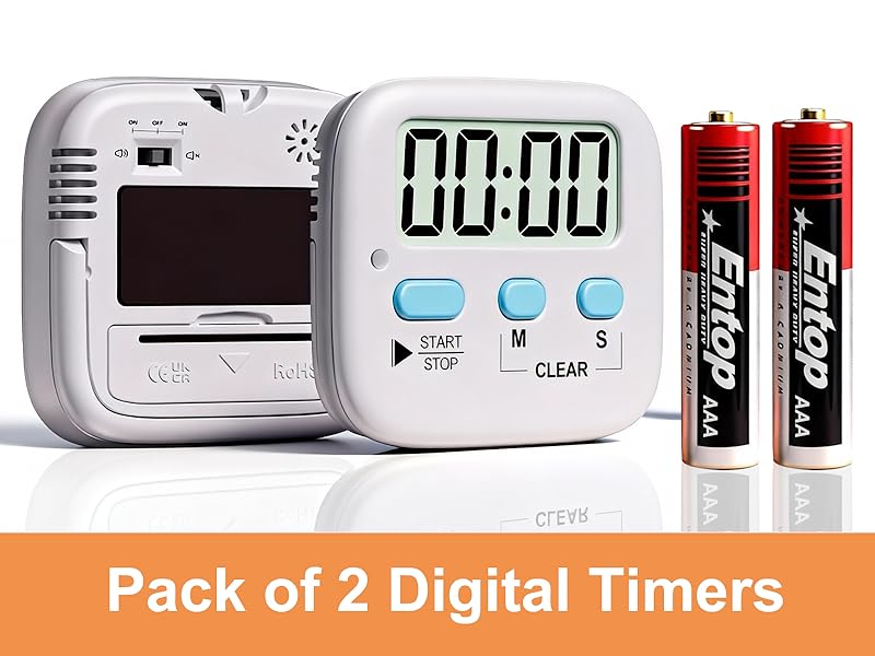 Text reads 'Pack of 2 Digital Timers'. Digital timer device shown with LCD display reading 00:00, accompanied by two Energizer batteries.