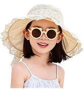 Kids Straw Sun Hat with Sunglasses Girls Summer Beach Hat Wide Brim Child Lace Bowknot Bucket Hat...