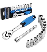 PTSTEL 14 Pieces Socket Wrench Kit, 1/4” Drive Socket Set with 72 Teeth Release Ratchet Wrench an...