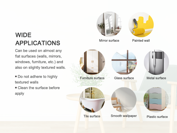 Product application guide showing various surfaces for adhesive use, including mirror, painted wall, furniture, glass, tile, and plastic. Text indicates wide applications on flat and slightly textured surfaces.