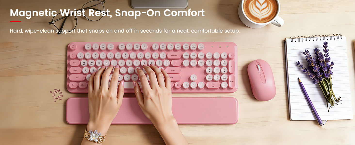 Detachable magnetic wrist rest snaps on for wipe-clean support and all-day typing comfort.