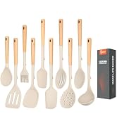 Silicone Cooking Utensils Set of 10 with Wooden Handle,No Scratch for Nonstick Cookware,Slotted S...