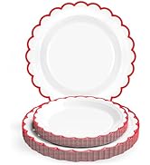 30 Pcs Red and White Paper Plates; 15 x 7 inch & 15 x 9 inch White Disposable Plates with Red Tri...