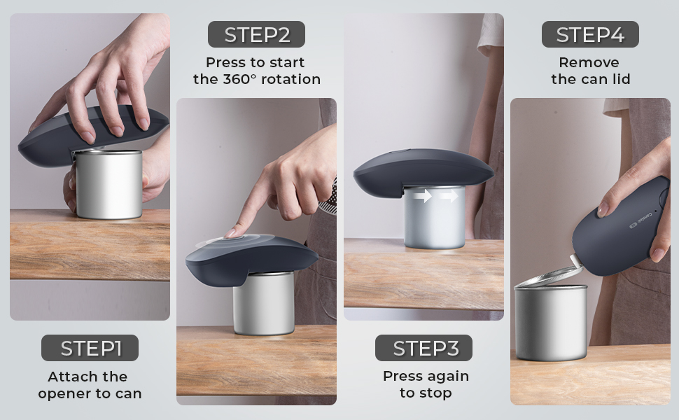 Easy steps to open cans. Press and wait for magic to work!