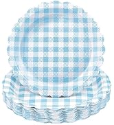 NatNarr 30 Pcs Light Blue Gingham Plates, 9 Inch Scalloped Plaid Camping Dessert Dinner Party Pla...
