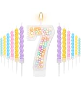 AKURIEEY Macaron 7th Birthday Candle Pastel Number 7 Candle with 12 Pcs Spiral Candles for Girls ...