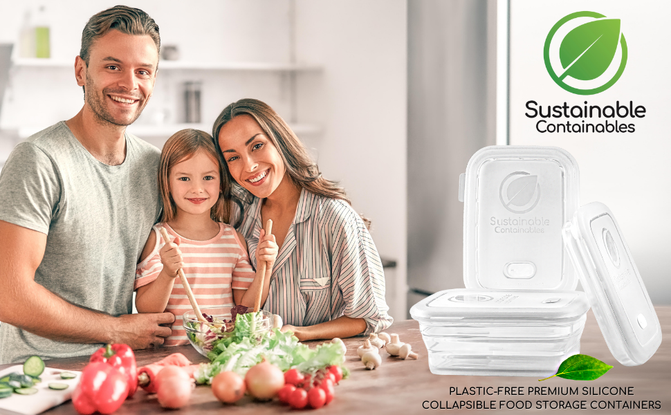 Happy healthy family in kitchen; sustainable containables platinum silicone collapsible container
