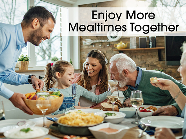 Family eating meal together with text: Enjoy More Mealtimes Together