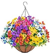 Besteek Artificial Hanging Flowers with Baskets for Outdoors, Fake Silk Pansy Flowers UV Resistan...