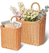 MIPON 2 Pack Handmade Woven Hanging Wicker Basket, Waterproof Plastic Rattan Wall Mounted Organiz...