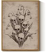 InSimSea Framed Canvas Prints Art Vintage Decor, Gothic Skull Flowers Painting, Rustic Dark Acade...